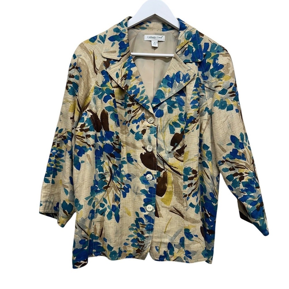 Coldwater Creek Floral Button Front Jacket Blue Brown Beige Textured Size L